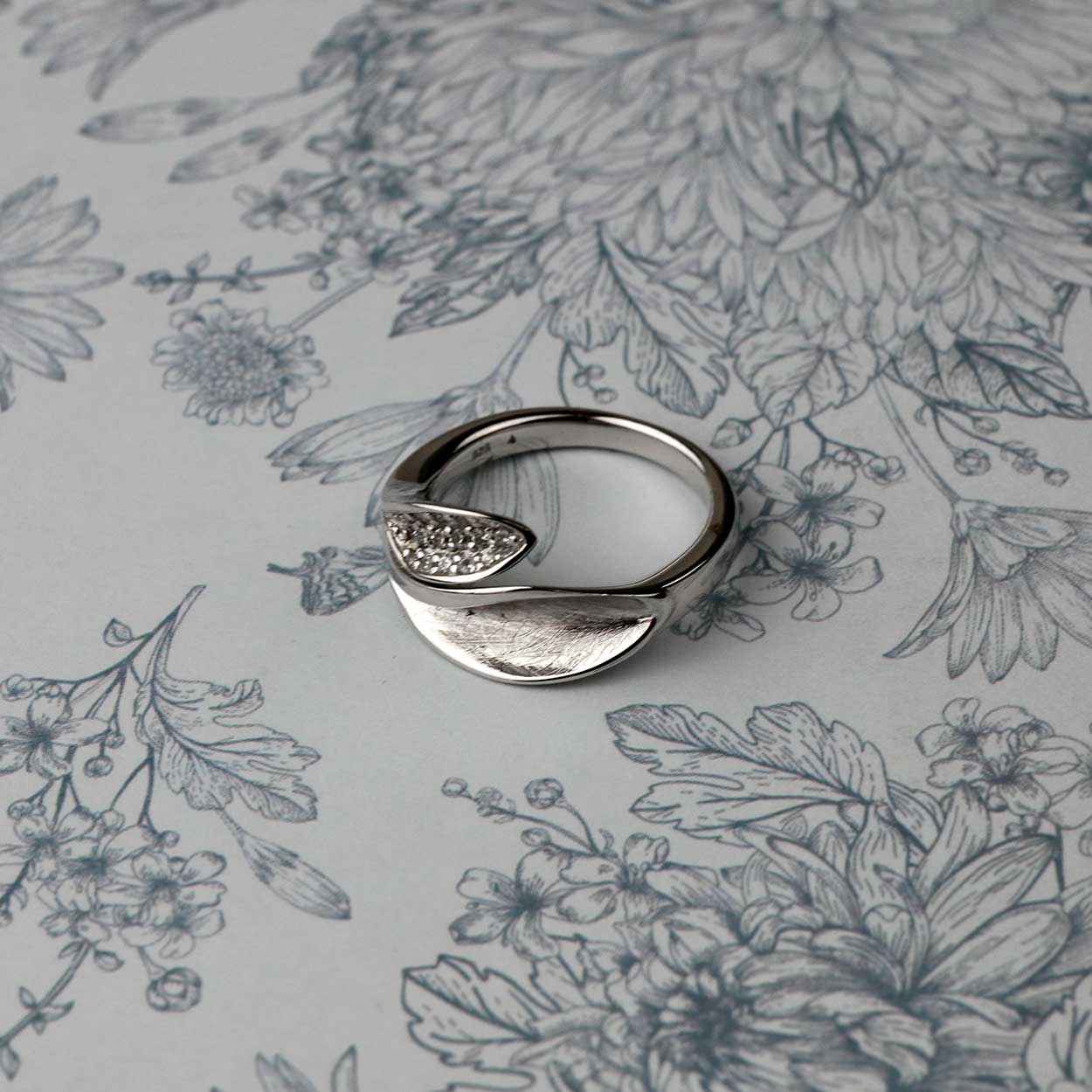 Silver Leaf Ring with Pavé