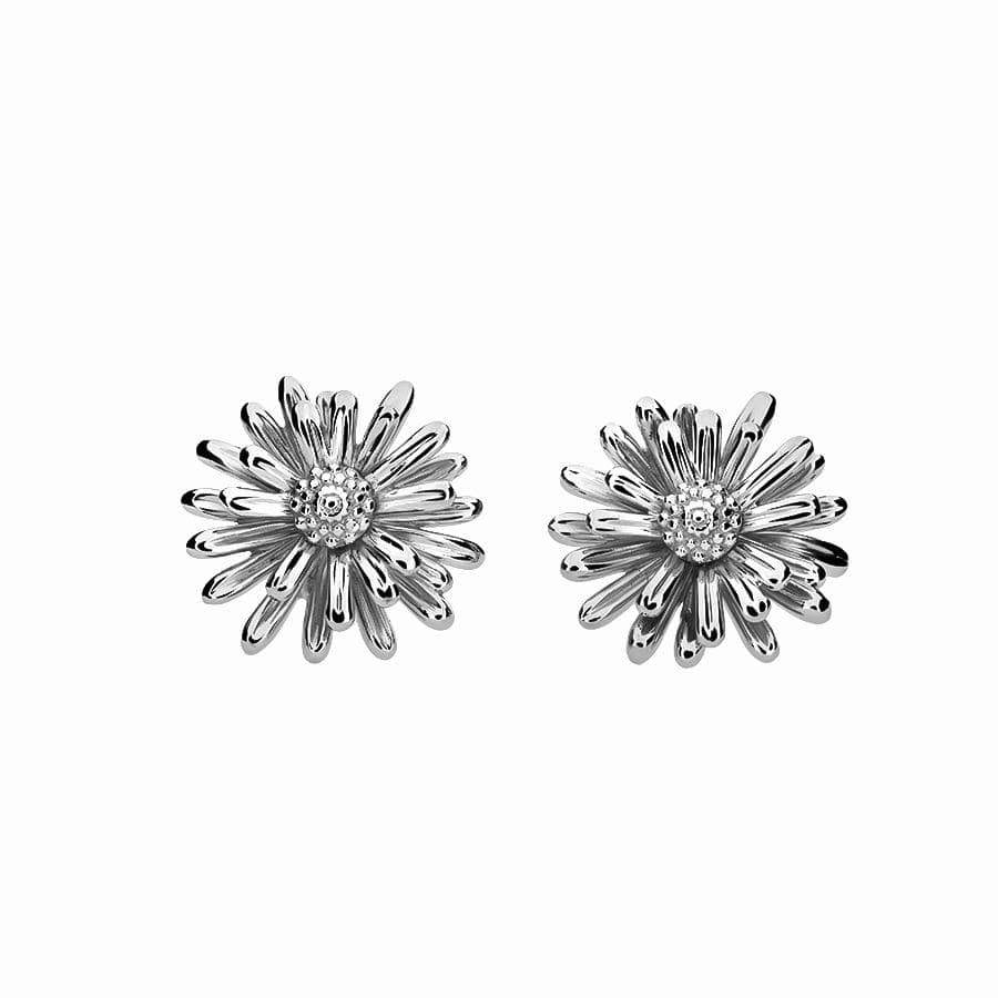 Pair of sterling silver stud earrings featuring sculptural floral petals with detailed beaded centers, showcasing refined craftsmanship inspired by nature’s elegance.
