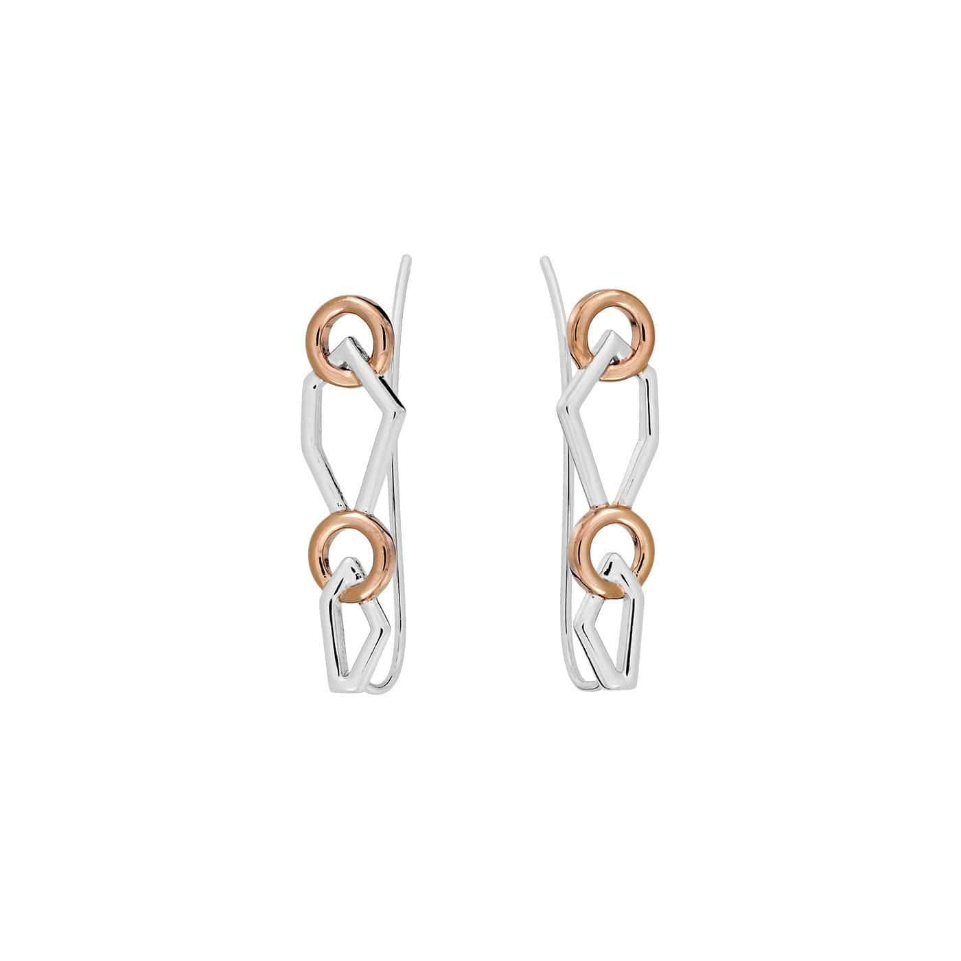 Pair of sterling silver ear climbers featuring an open geometric design accented with rose gold vermeil circular links, combining sculptural artistry with modern elegance.