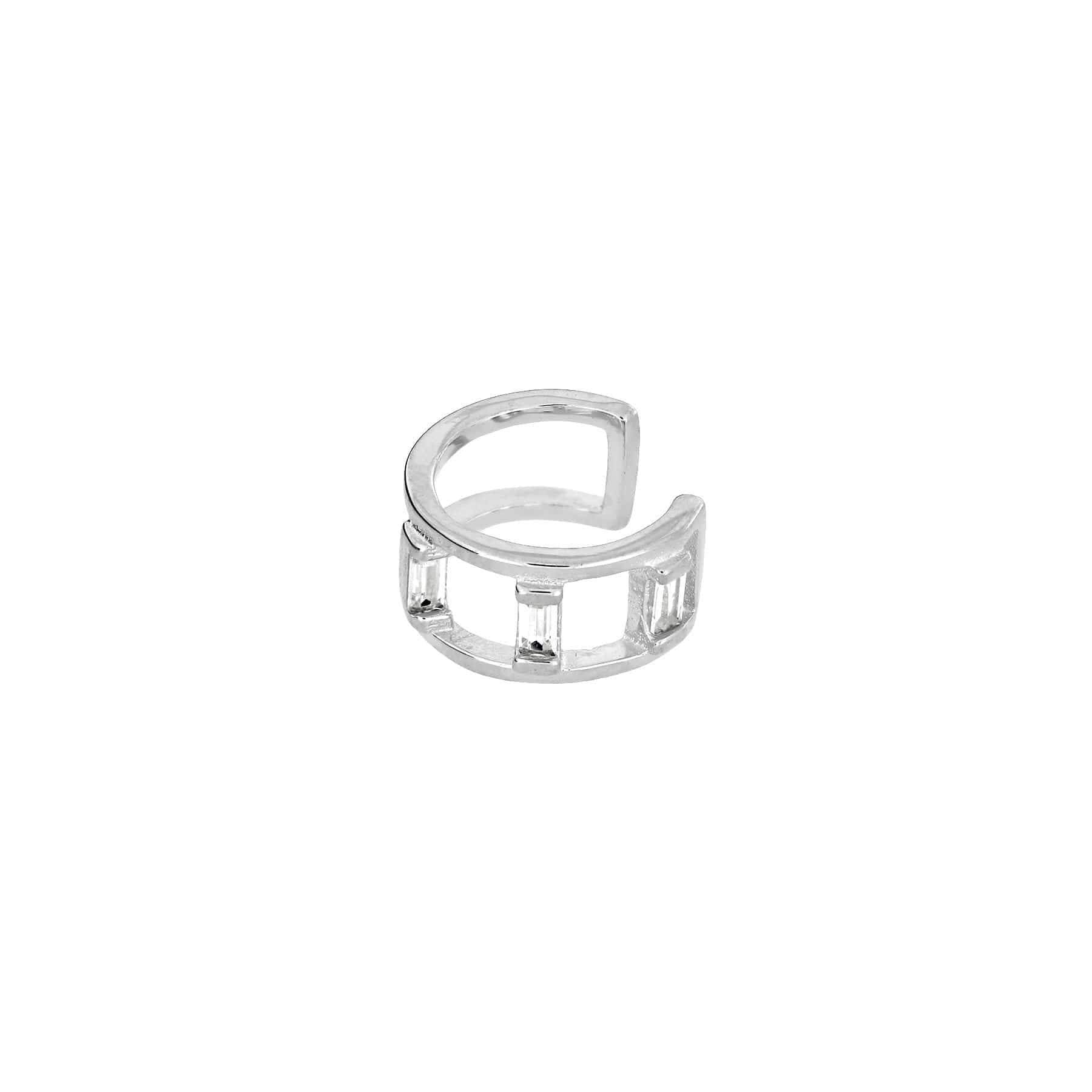 Open sterling silver ear cuff featuring a row of baguette-cut stones in a minimalist, contemporary design exemplifying refined British silver jewellery by Azendi.