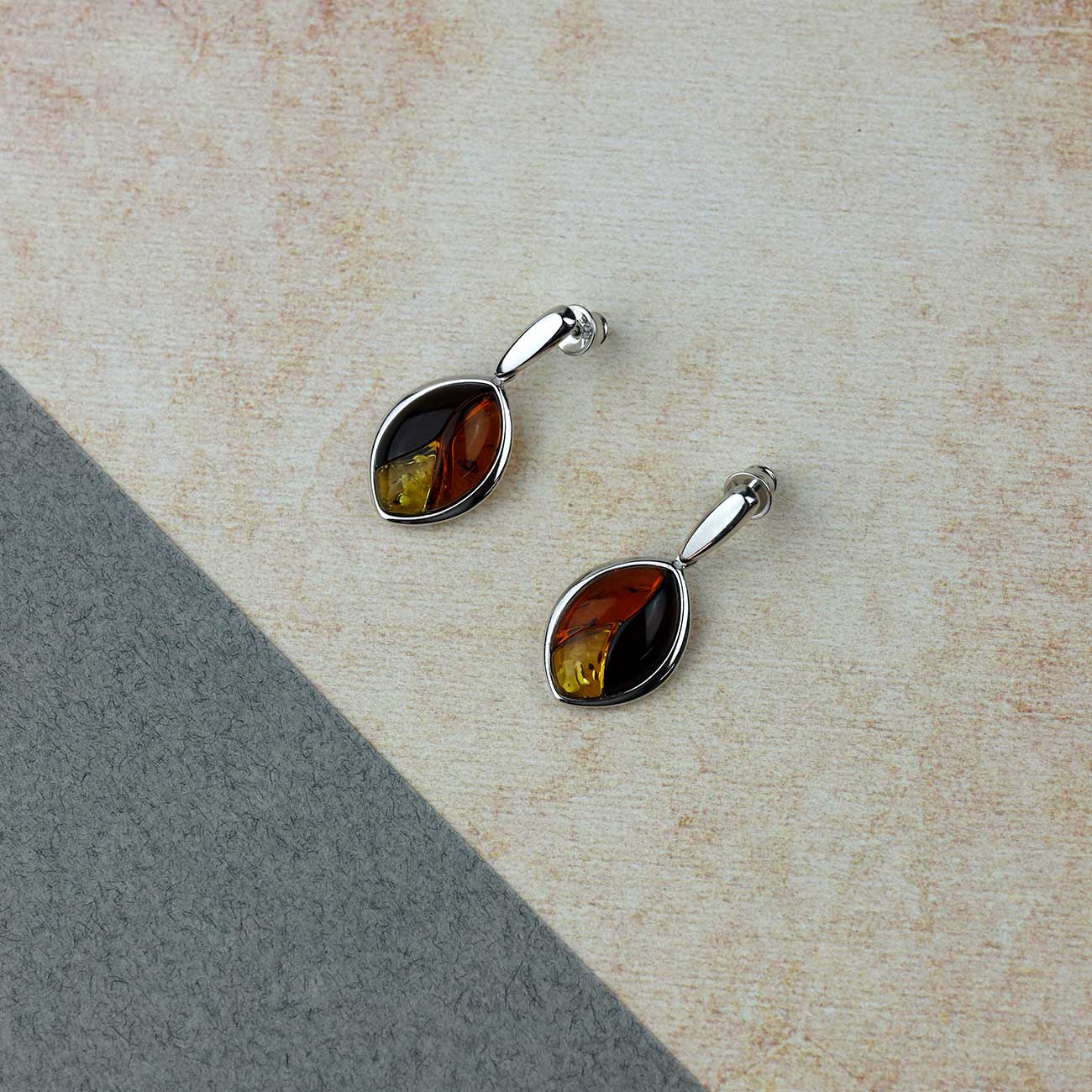 Silver Three Colour Amber Leaf Earrings