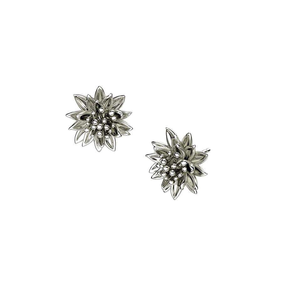 Pair of sterling silver stud earrings crafted in a detailed water lily flower design, showcasing sculptural texture and expert British craftsmanship.