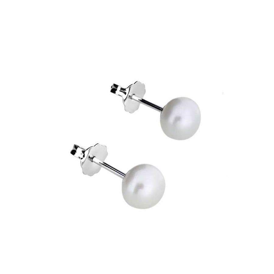Pair of sterling silver stud earrings featuring luminous white pearls with a classic round shape, exemplifying elegant and timeless silver jewellery design by Azendi.